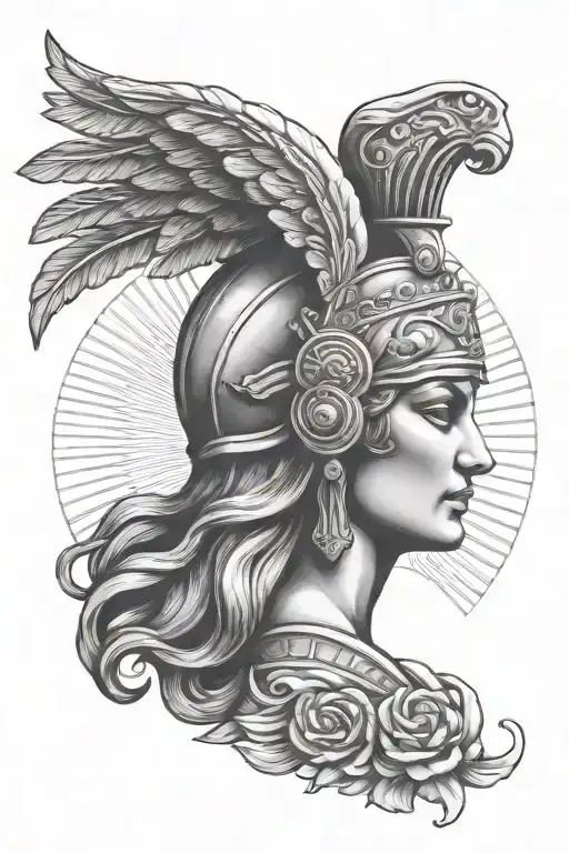 greek goddess athena, spartan helmet, realism style tattoo tattoo design idea