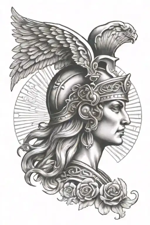 greek goddess athena, spartan helmet, realism style tattoo tattoo design idea