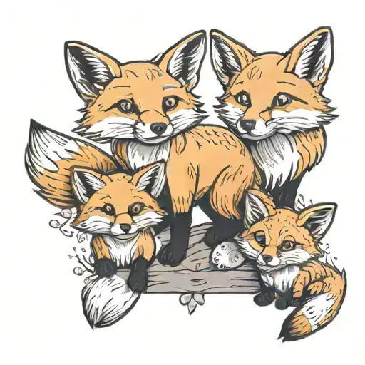 An adorable fox family with baby foxes playing around tattoo design idea