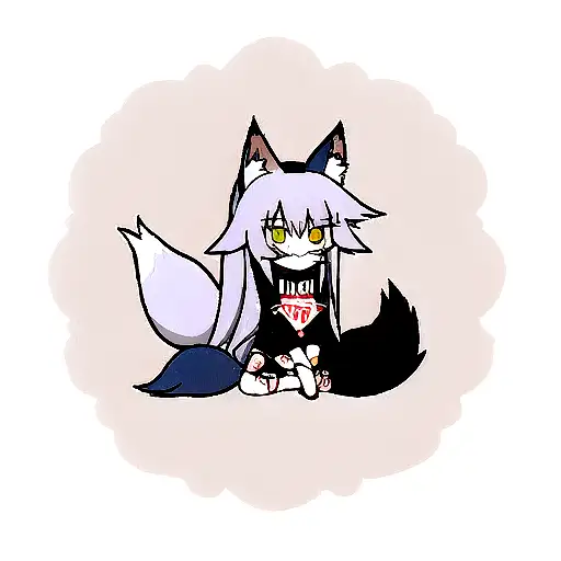 fox neko, long hair, colored Tattoos, Fox tail, black, grey, blue tattoo design idea