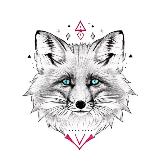 fox neko, long hair, colored Tattoos, Fox tail, black, grey, blue tattoo design idea