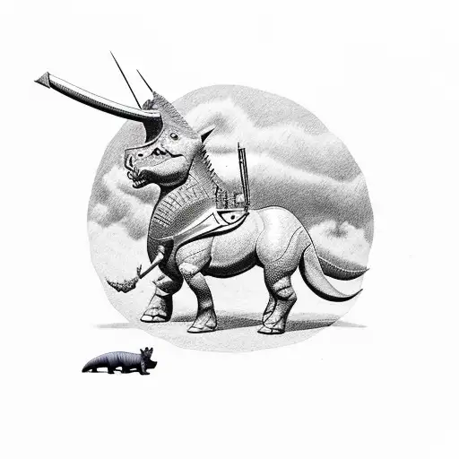 A realistic tattoo of a toy soldier protecting a herd of My Little Ponies from a dinosaur attack tattoo design idea