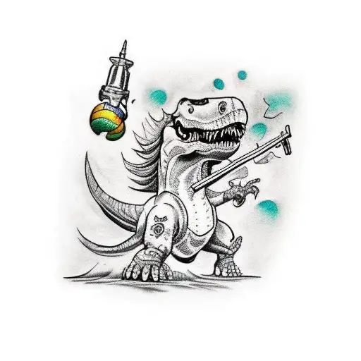 A traditional-style tattoo showcasing a Tyrannosaurus Rex and a toy soldier joining forces against a My Little Pony tattoo design idea