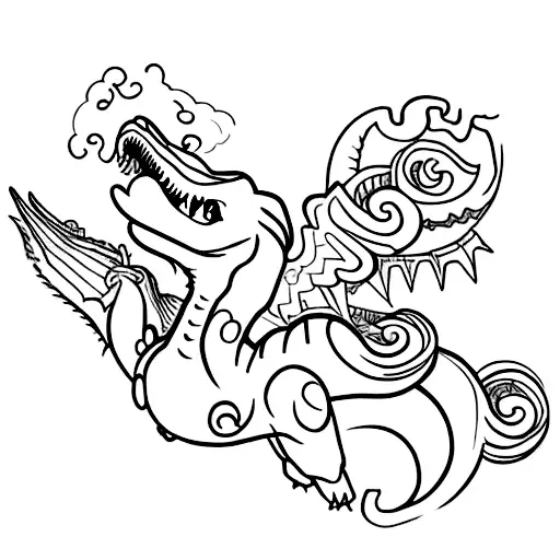 A traditional-style tattoo showcasing a Tyrannosaurus Rex and a toy soldier joining forces against a My Little Pony dragon tattoo design idea