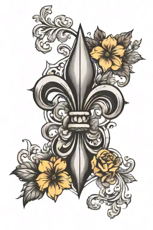 black and white shaded fleur de lis with flowers tattoo design idea