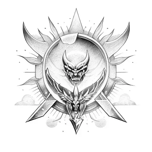 warrior wings devil sword planets sun tattoo design idea