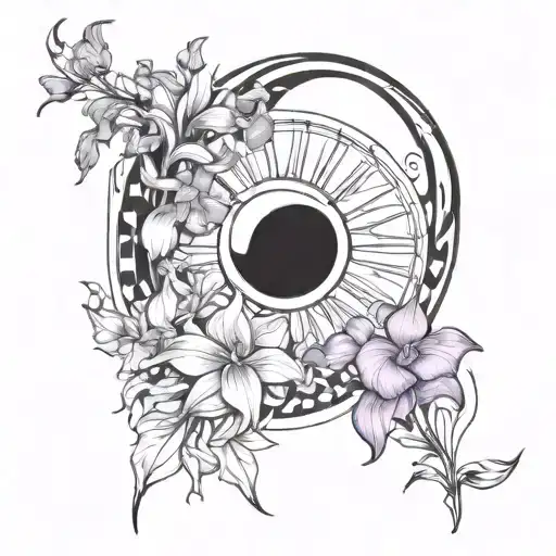 crescent moon with iris, violet, daisy, rose, gladiolus and narcissus  tattoo design idea