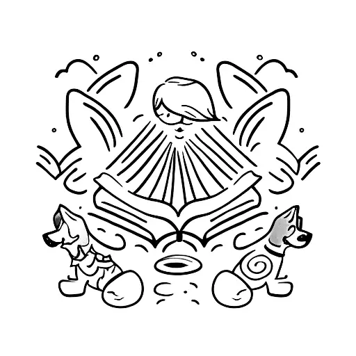 A minimalist tattoo of a serene beach scene with a dog playing in the sand and a book resting on a beach towel. tattoo design idea