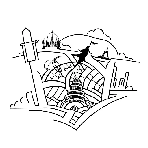 A minimalist tattoo of a silhouette of a person exploring a new city, with landmarks and street signs incorporated into the design. tattoo design idea