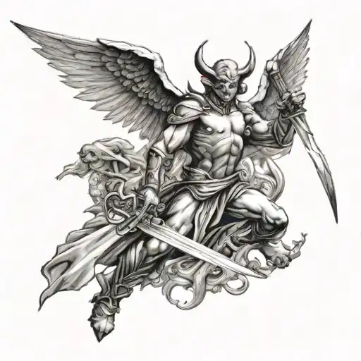 angel killing demon with sword tattoo design idea