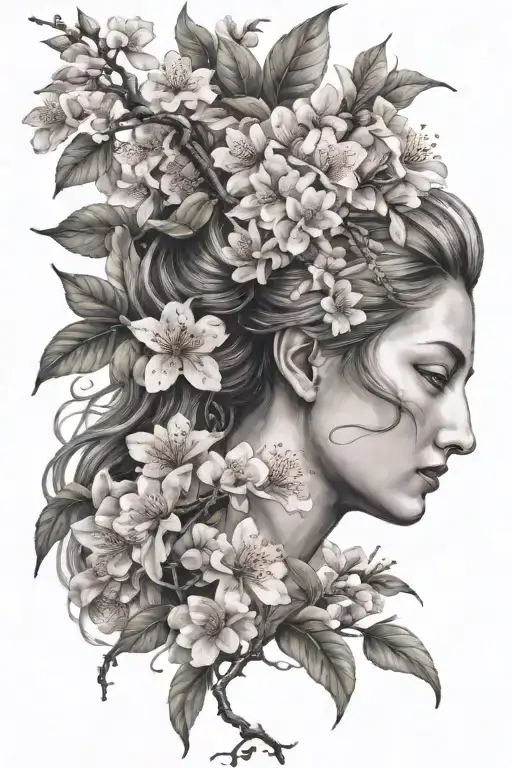 arm sleeve realism colored cherry blossoms wisterias wrapping around the arm and blackwork greek mythology in background tattoo design idea