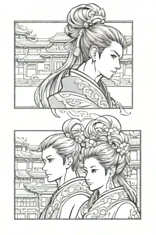 huacheng and xielian side by side profile in manga panels but replace panels with Chinese windows tattoo design idea