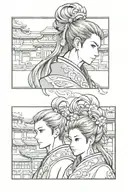 huacheng and xielian side by side profile in manga panels but replace panels with Chinese windows tattoo design idea
