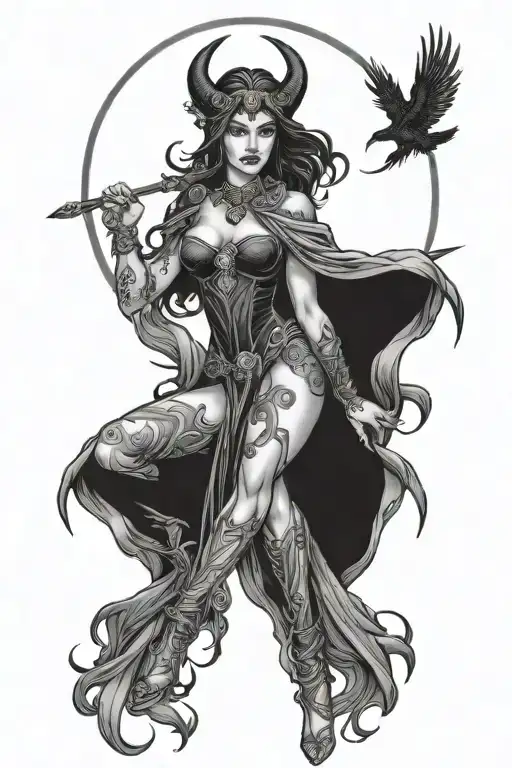 dark goddess morrigan Irish goddes tattoo design idea