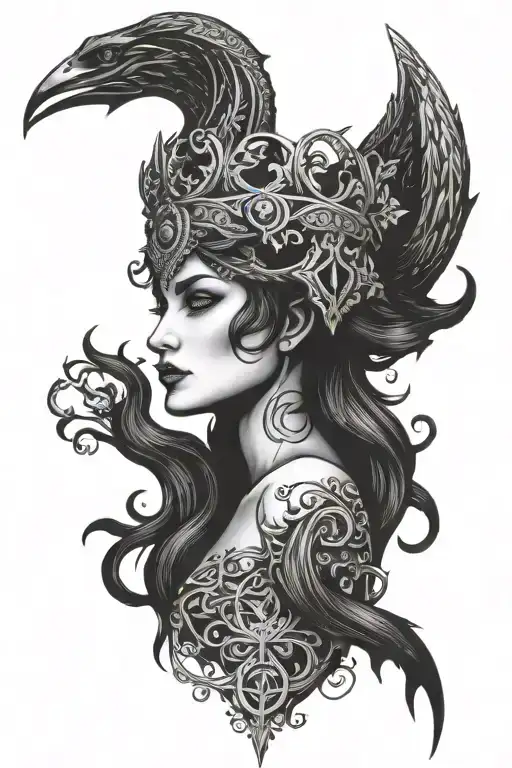 dark goddess morrigan Irish goddes tattoo design idea