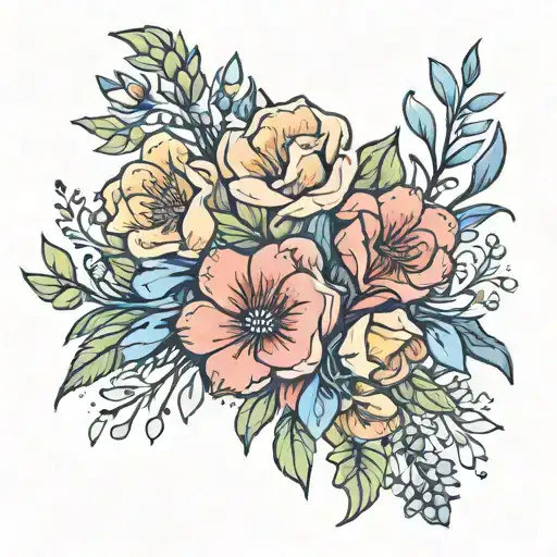 A bouquet of January, February, April, June, July, and September birth flowers intertwined with colorful ribbons tattoo design idea