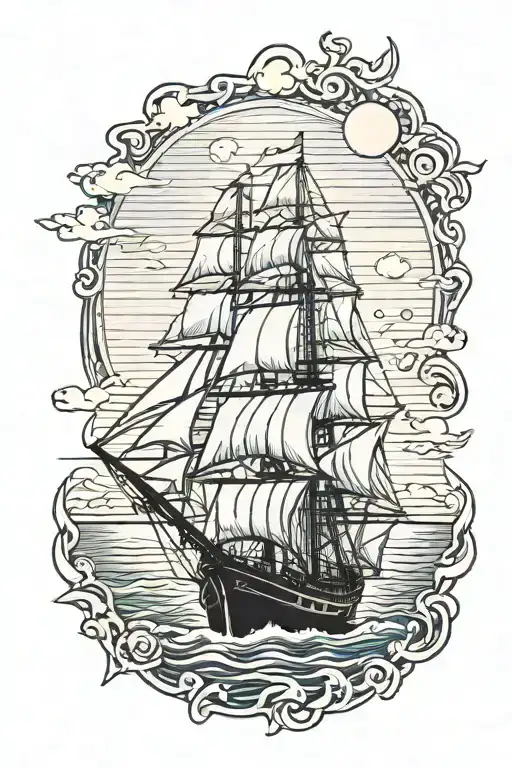 sailing ship beach sunset tattoo design idea