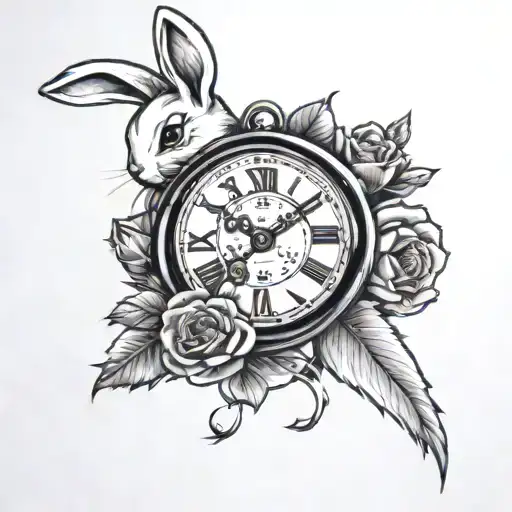 make a tattoo design that has money and clock and roses as motifs and includes clapping hands and Lola the bunny from Lo tattoo design idea