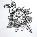 make a tattoo design that has money and clock and roses as motifs and includes clapping hands and Lola the bunny from Lo tattoo design idea