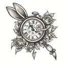 make a tattoo design that has money and clock and roses as motifs and includes clapping hands and Lola the bunny from Lo tattoo design idea