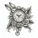 make a tattoo design that has money and clock and roses as motifs and includes clapping hands and Lola the bunny from Lo tattoo design idea