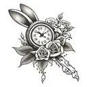 make a tattoo design that has money and clock and roses as motifs and includes clapping hands and Lola the bunny from Lo tattoo design idea