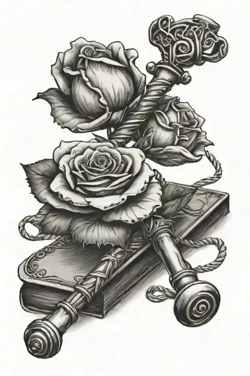A memorial tattoo featuring a rose intertwined with a gavel, representing justice for Leah tattoo design idea