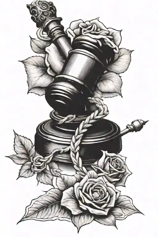 A memorial tattoo featuring a rose intertwined with a gavel, representing justice for Leah tattoo design idea