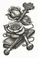 A memorial tattoo featuring a rose intertwined with a gavel, representing justice for Leah tattoo design idea