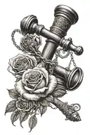 A memorial tattoo featuring a rose intertwined with a gavel, representing justice for Leah tattoo design idea