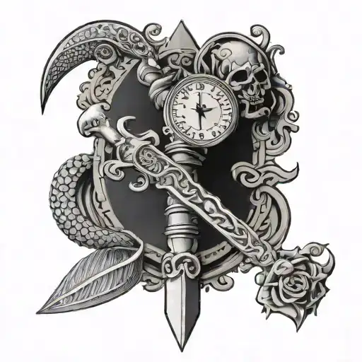 a dagger with scales on its sides on that scale 1 side is money other side is earth and money is heavier  tattoo design idea