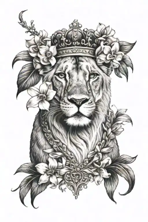 lioness with crown and orchids and flower tattoo design idea