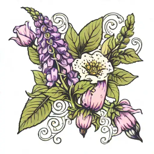 a foxglove flower and a potato flower intertwined tattoo design idea