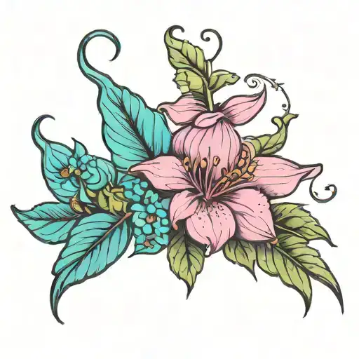 pink potato flower and a teal foxglove intertwined tattoo design idea
