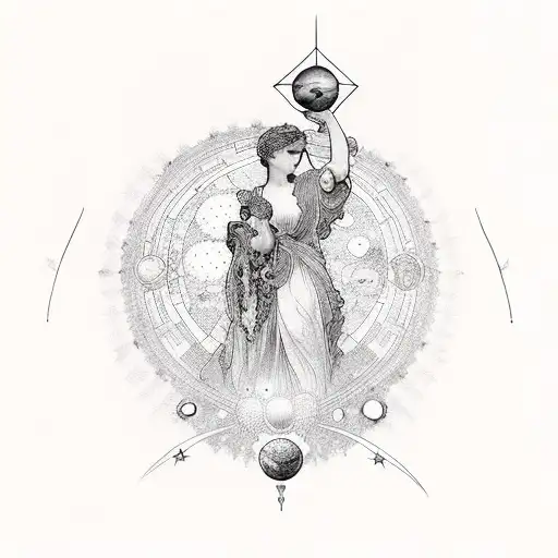 A woman with a star in her hand, mucha, solar system in the background  tattoo design idea