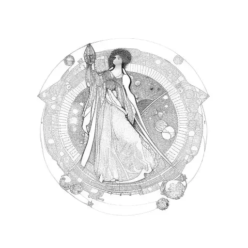 A woman with a star in her hand, mucha, solar system in the background  tattoo design idea