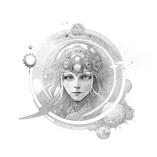 A woman with a star in her hand, mucha, solar system in the background  tattoo design idea