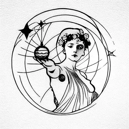 A woman with a star in her hand, mucha, solar system in the background  tattoo design idea