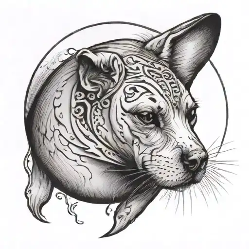 seal behind the ear black and white realism that represents the moon and dog tattoo design idea