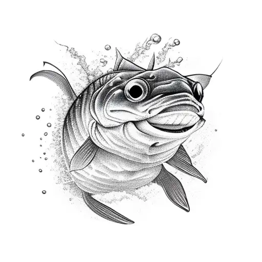 A catfish and carp swimming around a coffee plant with horror movie monsters lurking in the background tattoo design idea