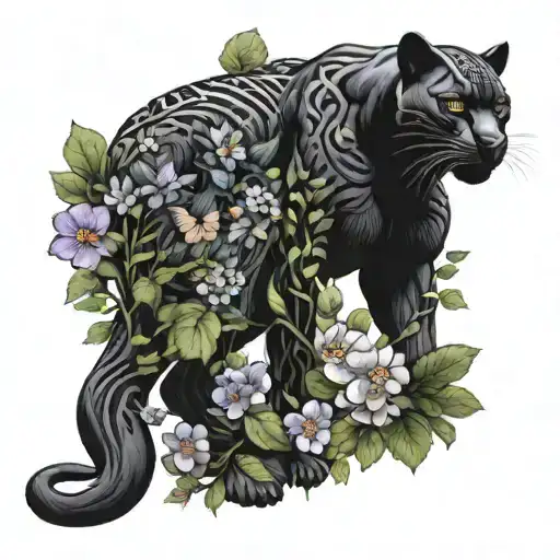 Black Panther stalking through a garden of kaws flowers with butterflies trailing behind tattoo design idea