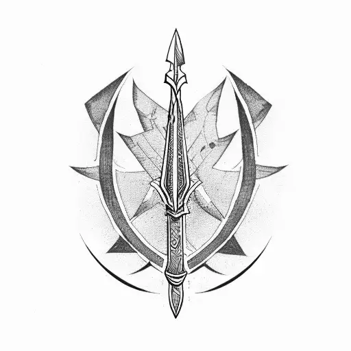 A dotwork design of a Spartan warrior's spear and shield intertwined with nature elements tattoo design idea