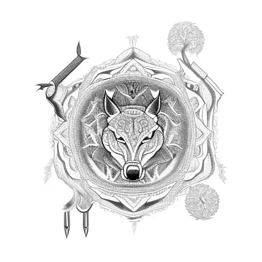 An intricate mandala design featuring various hunting tools and woodland creatures tattoo design idea