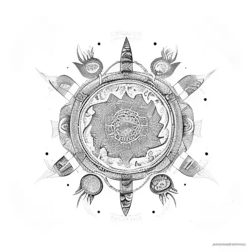 An intricate mandala design featuring various hunting tools and woodland creatures tattoo design idea