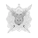 An intricate mandala design featuring various hunting tools and woodland creatures tattoo design idea