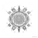 An intricate mandala design featuring various hunting tools and woodland creatures tattoo design idea