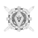 An intricate mandala design featuring various hunting tools and woodland creatures tattoo design idea