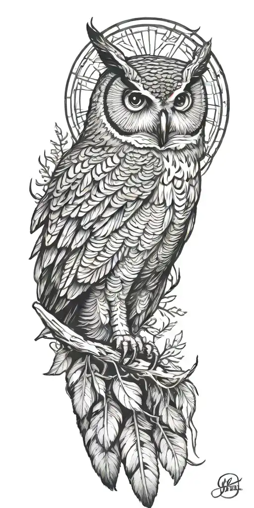 forest, feathers falling, owl  tattoo design idea