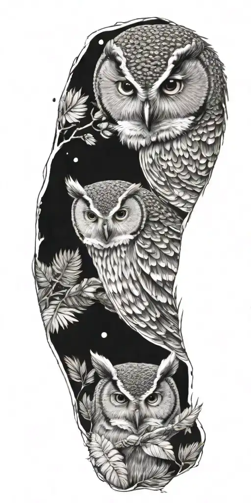 forest, feathers falling, owl  tattoo design idea