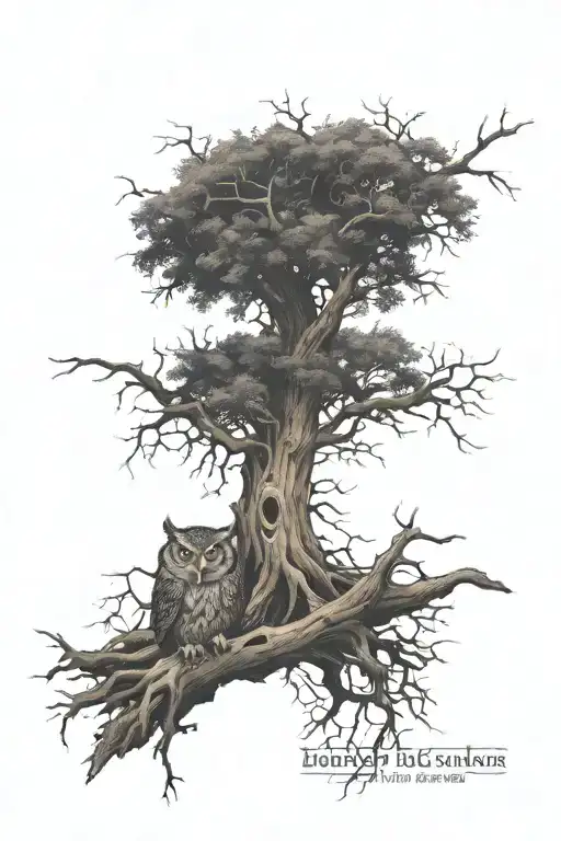 feathers,owl, tree roots  tattoo design idea